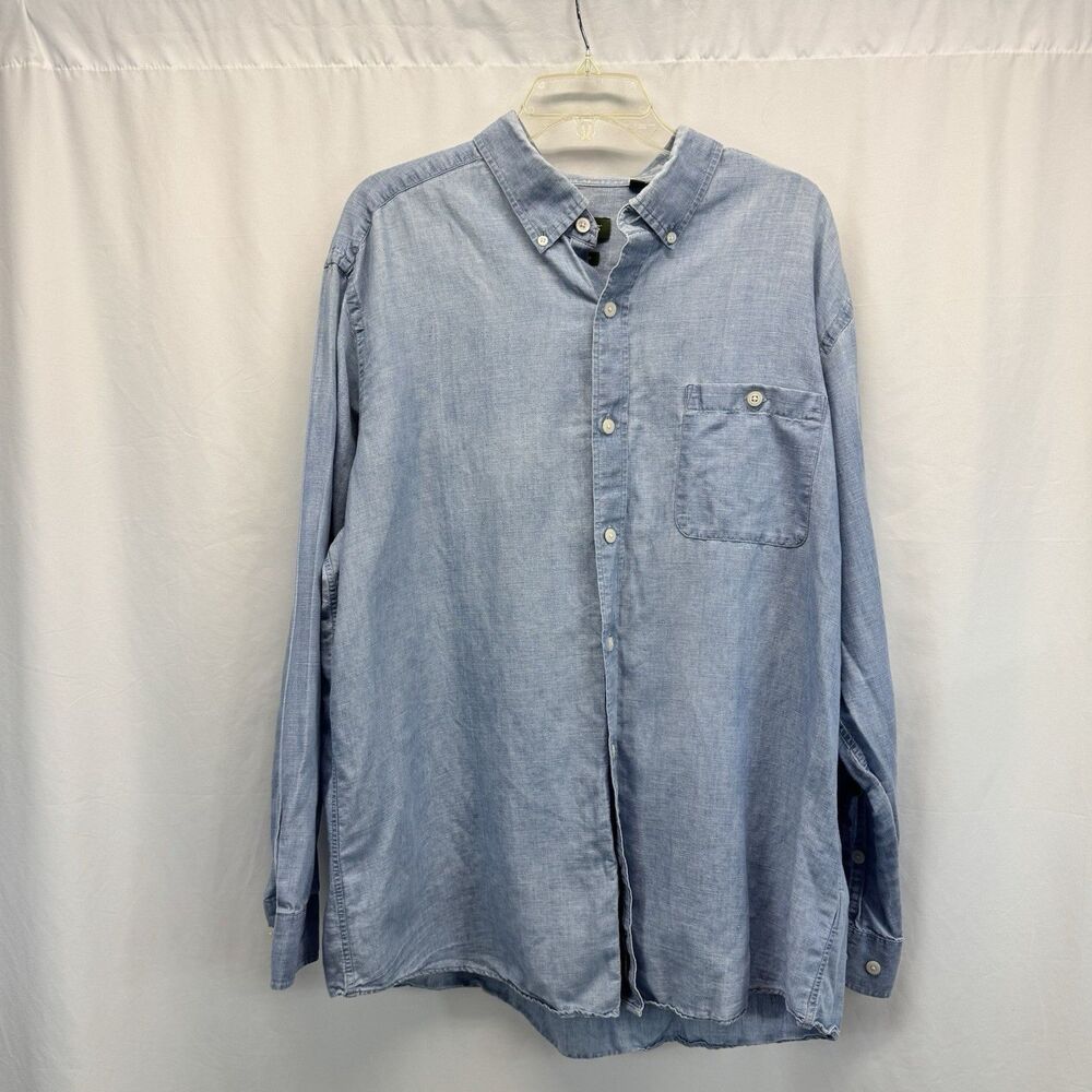 Orvis Shirt Mens XL Blue Long Sleeve Chambray Linen Cotton Button Coastal Preppy